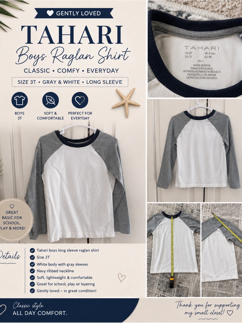 Tahari White & Gray Raglan Long Sleeve Shirt